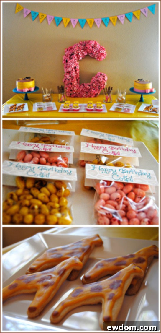 Giraffe Party: Sweet Treats and Decor Detailed View of Giraffe Birthday Party Decorations