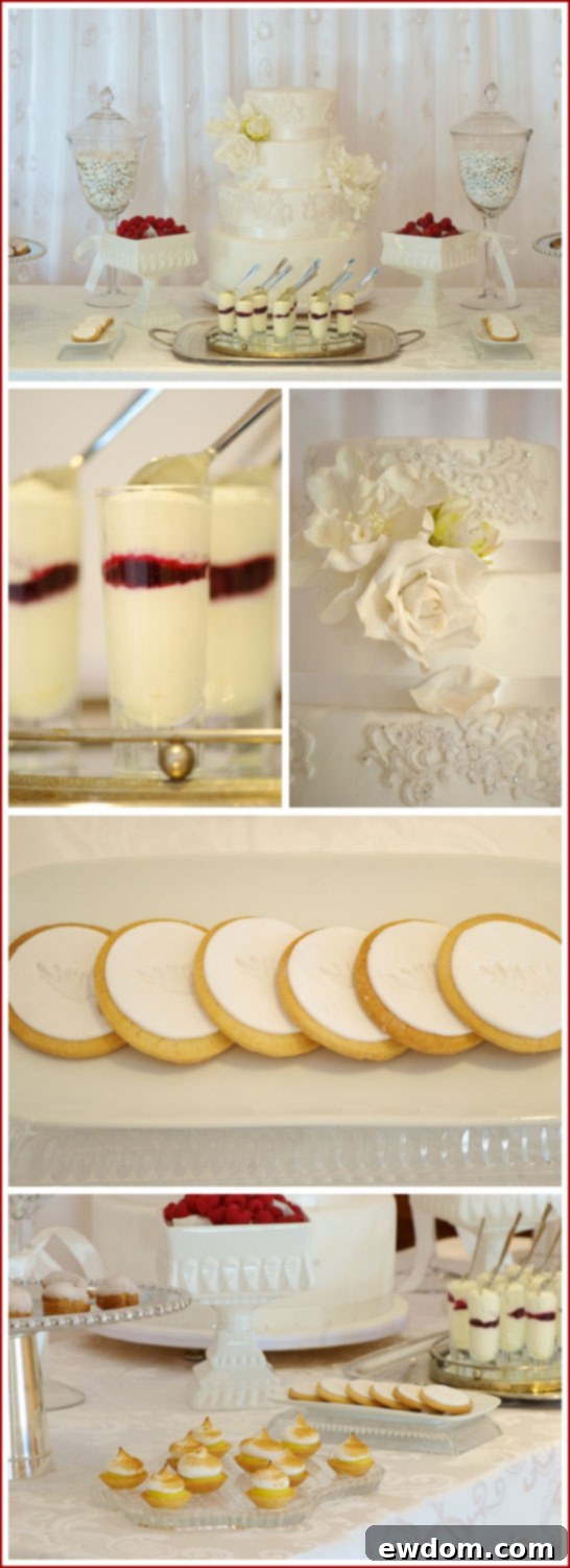 Romantic White Dessert Table by Stardust Pastry Romantic White Dessert Table with cake and pastries