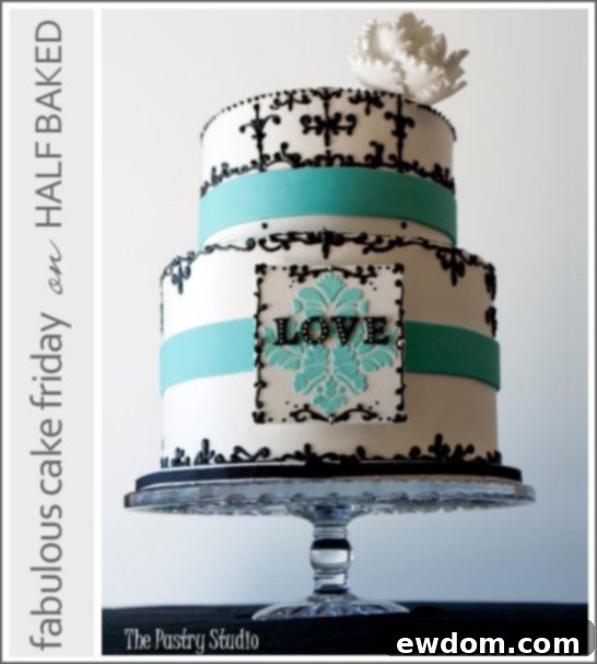 Exquisite Black and Teal Wedding Cake by The Pastry Studio with 'LOVE' Plaque and Damask Details