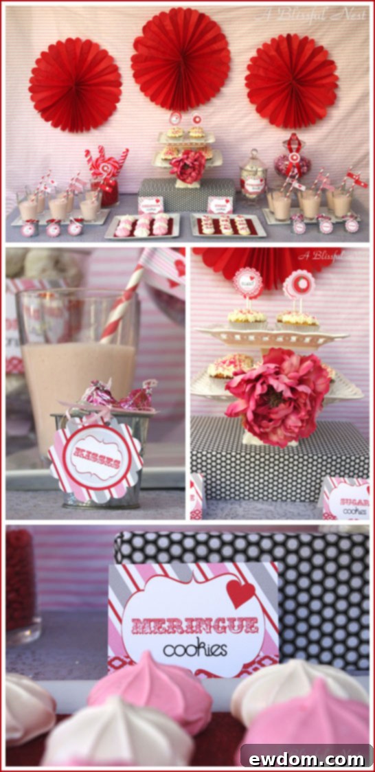 Valentines Dessert Table Valentines Dessert Table - Elegant pink and grey Valentine's Day dessert table decor with striped background