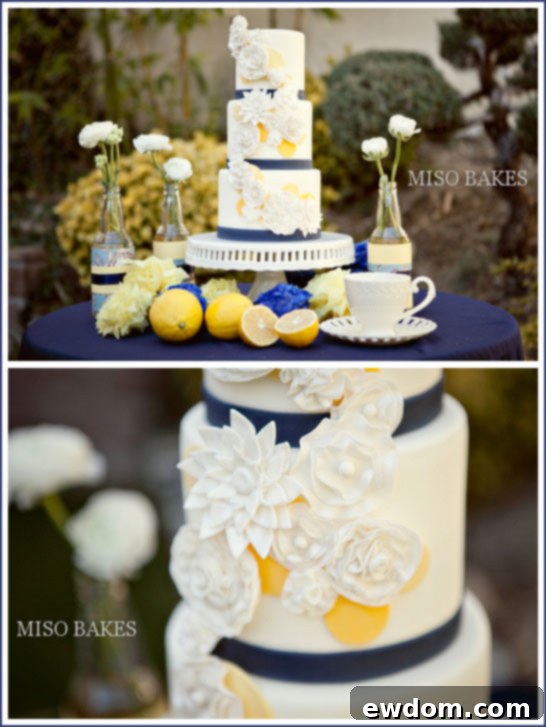 Vintage Wedding Cake in Navy & Yellow by Miso Bakes - Detail of Navy and White Accents on Lemonade Yellow Base
