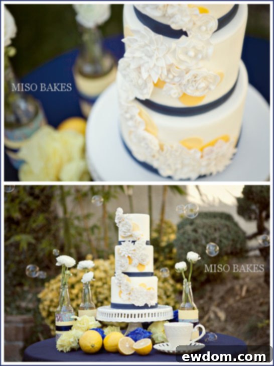 Vintage Wedding Cake in Navy & Yellow by Miso Bakes - Top Tier Detail of Elegant Cake Decoration