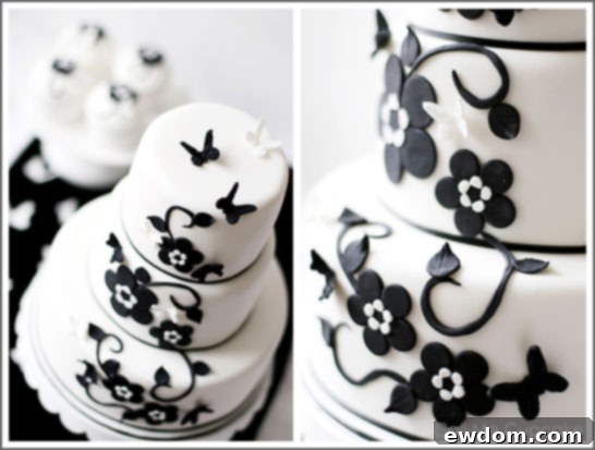 Intricate Floral Details on Black & White Cake by Call Me Cupcake Close-up of Modern Black & White Cake with Floral Details