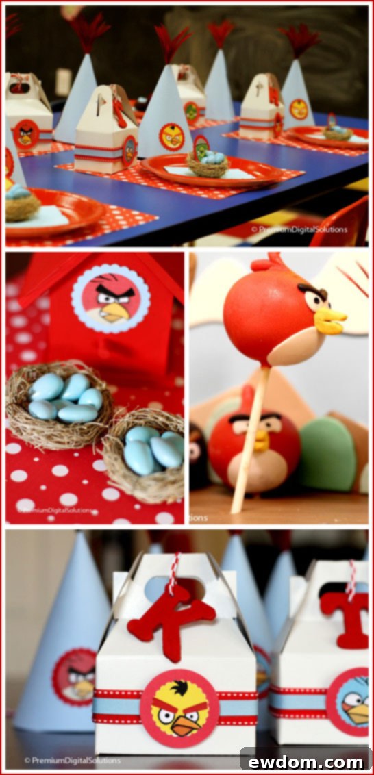 Close-up of Angry Birds themed birthday party table with custom placemats and decorations