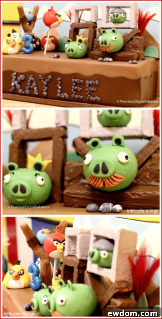 Spectacular Angry Birds themed birthday cake featuring cake pops as characters and wafer cookies as structures