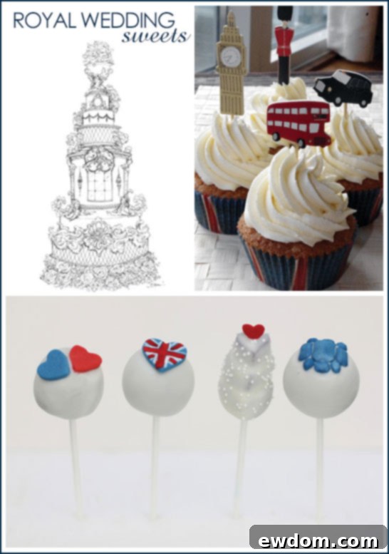 A beautiful array of Royal Wedding inspired sweets and desserts including cakes, cupcakes, and cookies.