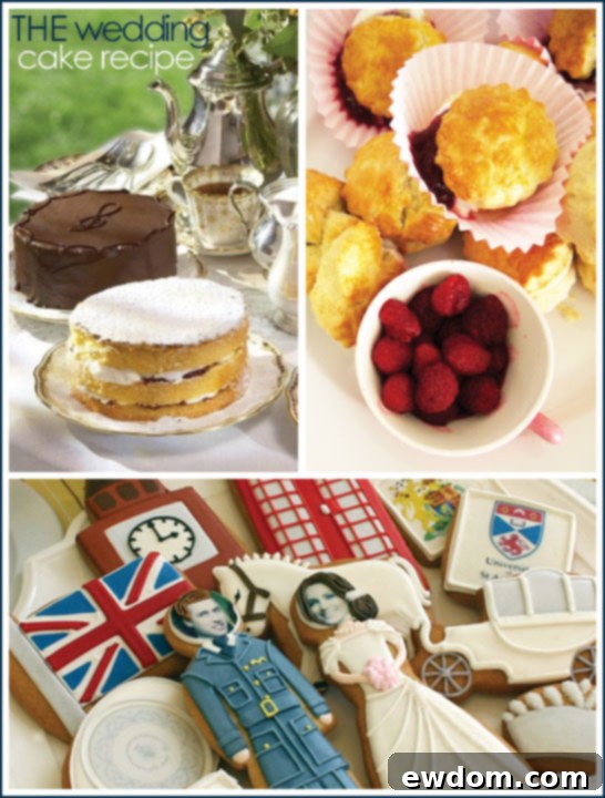 An assortment of Royal Wedding Cake options, including a traditional chocolate biscuit cake, scones, and decorated cookies.