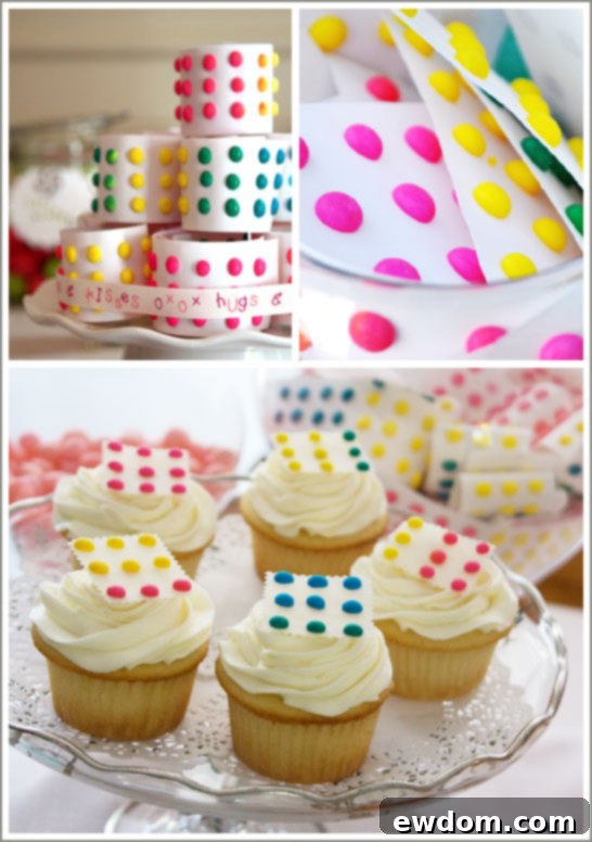 Candy Button Cupcakes and rolled candy button strip display for a colorful party