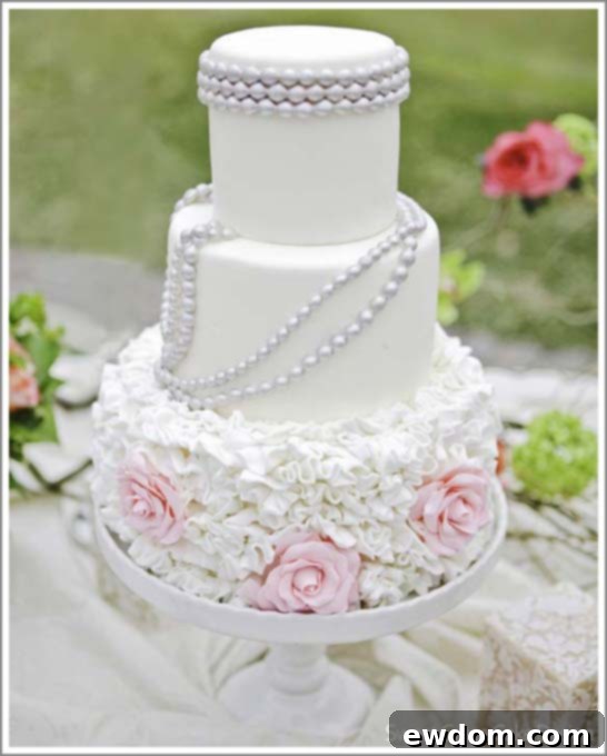 Delicate Pearl Ruffle Cake by Sweet Grace Cake Design with elegant sugar details