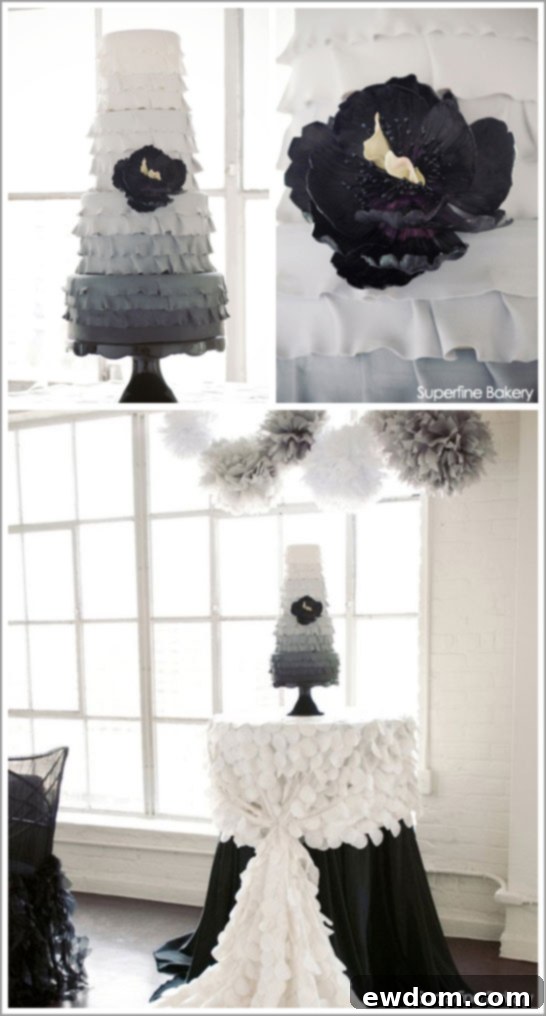Exquisite Grey Ombre & Ruffles Cake by Superfine Bakery - Modern Wedding Cake Inspiration