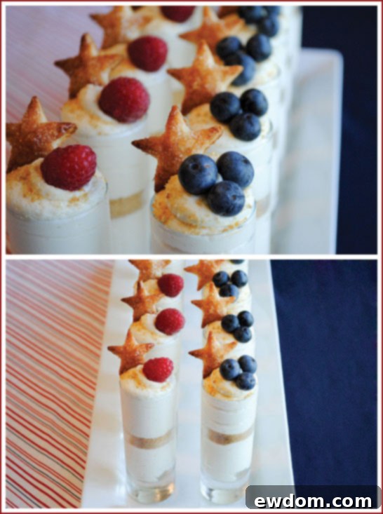 Patriotic Puff Pastry Stars adorning Stars & Stripes Cheesecake Shots with fresh berries for 4th of July