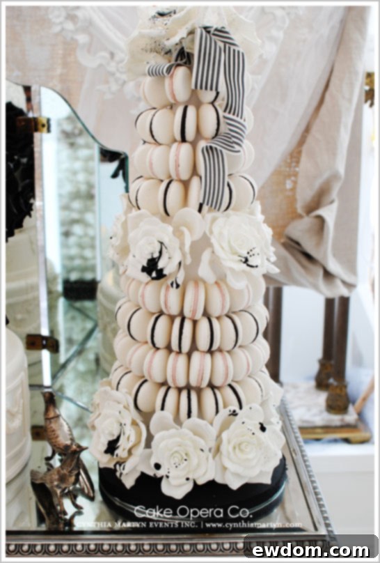 A closer view of the magnificent French Macaron Cake Tower by Cake Opera Co., highlighting intricate details