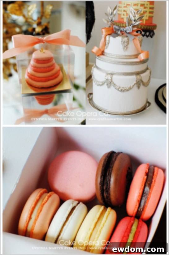 A meticulously arranged display of colorful and delicious macarons by Cake Opera Co.