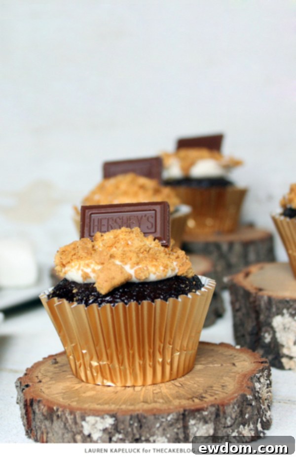 Close-up of a S'mores Cupcake with melted chocolate square and graham cracker crumbs.