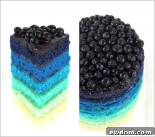 Close-up of a slice of Blue Rainbow Cake revealing multiple blue layers and lemon curd filling