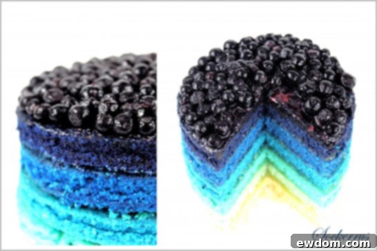 Close-up of a single blue cake layer, light in color, ready for assembly