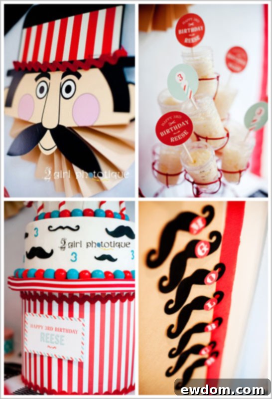 Vintage Barbershop Party Decor Details Detailed shot of vintage barbershop party decorations, including a mini barber pole and mustache props