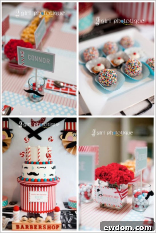 Vintage Barbershop Party Table Setup Table setting featuring vintage barbershop accents, treats, and personalized elements for a boy's party