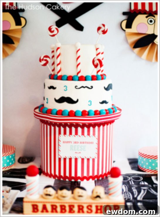 Barbershop Birthday Cake by The Hudson Cakery Incredibly detailed vintage barbershop themed birthday cake by The Hudson Cakery, featuring barber pole and mustaches