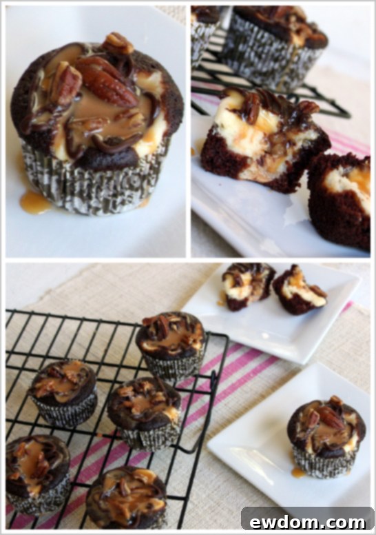 Close-up of a Chocolate Cheesecake Turtle Cupcake revealing its creamy cheesecake center