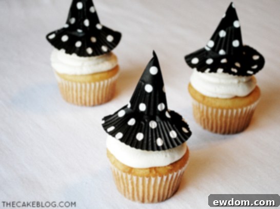 Step-by-step image of forming the cone for a DIY cupcake liner witch hat