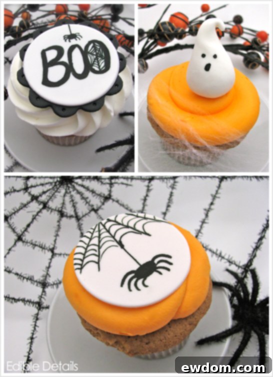 Halloween Cupcake Toppers by Edible Details featuring black and white spider designs