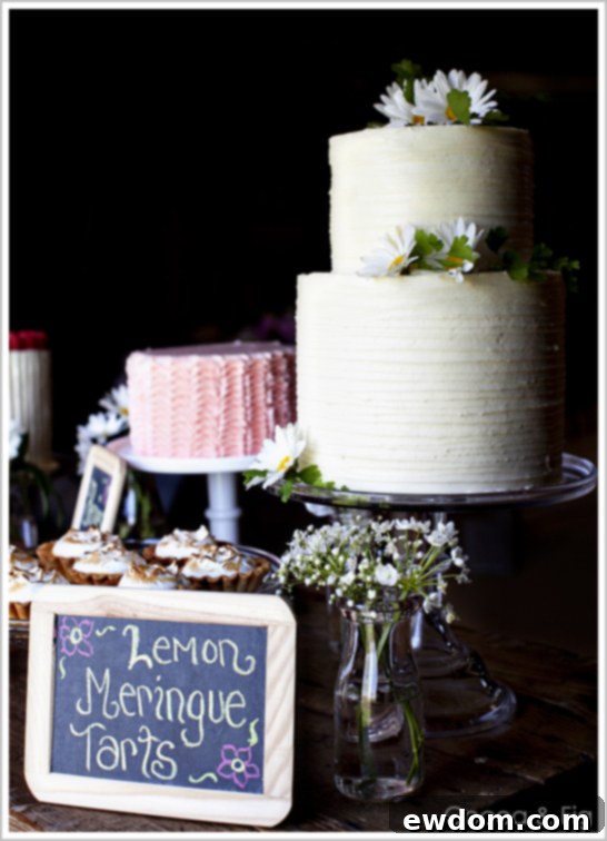 White Rustic Cake Detail Two-Tiered White Rustic Buttercream Cake with Daisies