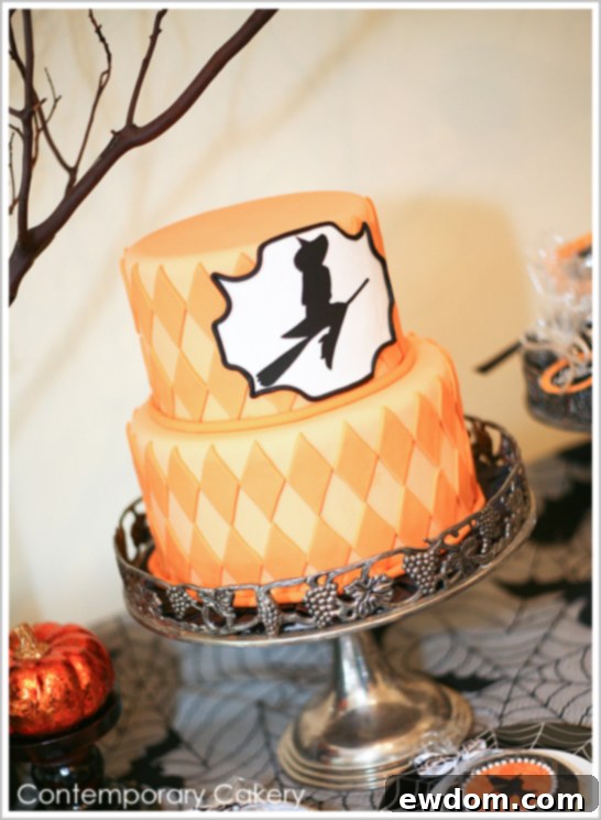 Bewitching Modern Halloween Cake - Harlequin Pattern and Witch Silhouette