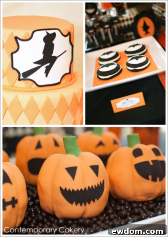Bewitching Halloween Dessert Table featuring Pumpkin Cakes and Whoopie Pies