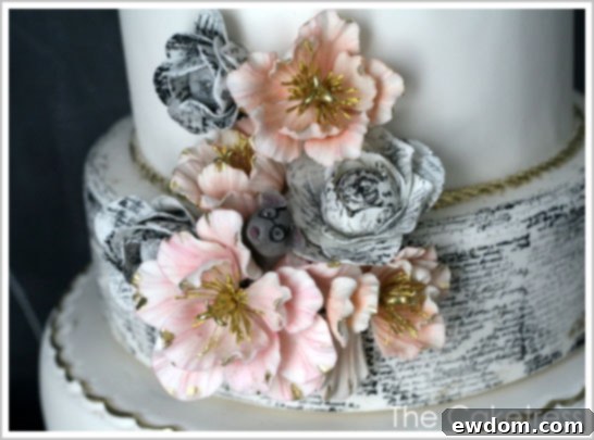 Vintage Book Papers Detail of Gumpaste Ranunculas Flowers Made from Book Pages