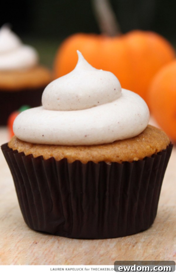 Spiced Pumpkin Delights 8 Final shot of a pumpkin cupcake with a perfect swirl of cinnamon cream cheese frosting