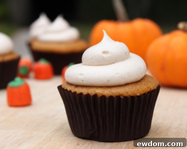 Spiced Pumpkin Delights 4 Pumpkin cupcakes ready for a fall gathering, garnished with cinnamon