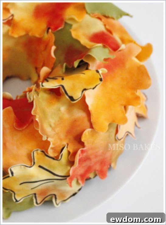 Autumn Leaves Wreath Cake - Attaching fondant leaves to the Bundt cake