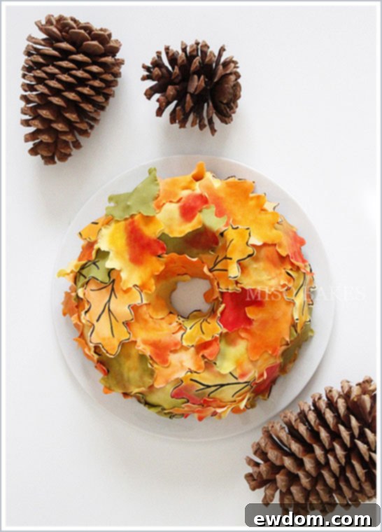 Autumn Leaves Wreath Cake - Finished cake as a Thanksgiving centerpiece