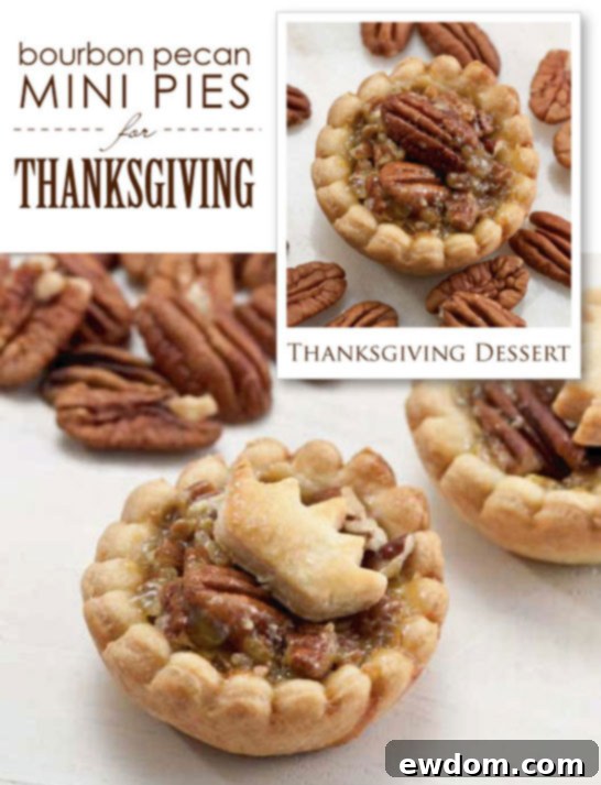 Delicious Mini Bourbon Pecan Pies arranged on a rustic wooden surface, perfect for Thanksgiving dessert tables.