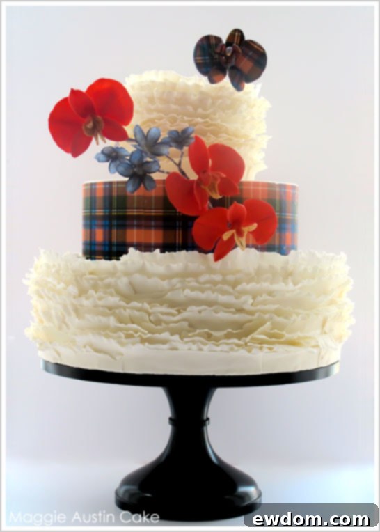 Maggie Austin's Ruffles and Plaid Christmas Cake, showcasing intricate fondant ruffles and a vibrant tartan pattern