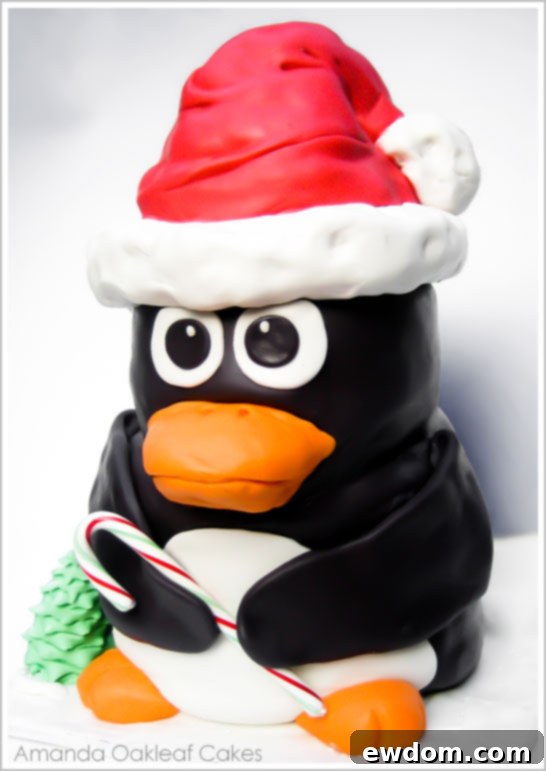 Detailed view of the Penguin Christmas Cake by Amanda Oakleaf, highlighting the expressive eyes and festive Santa hat
