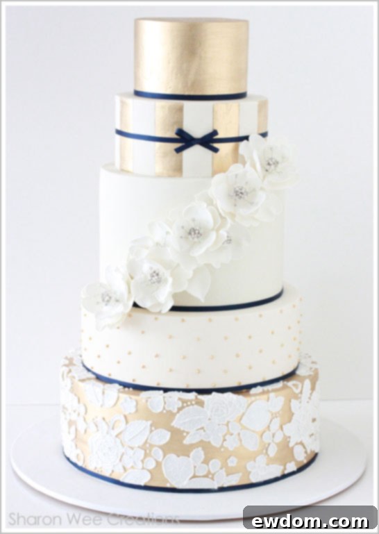 Intricate Details of Gold & Navy Wedding Cake Close-up of Gold & Navy Wedding Cake details showing intricate patterns