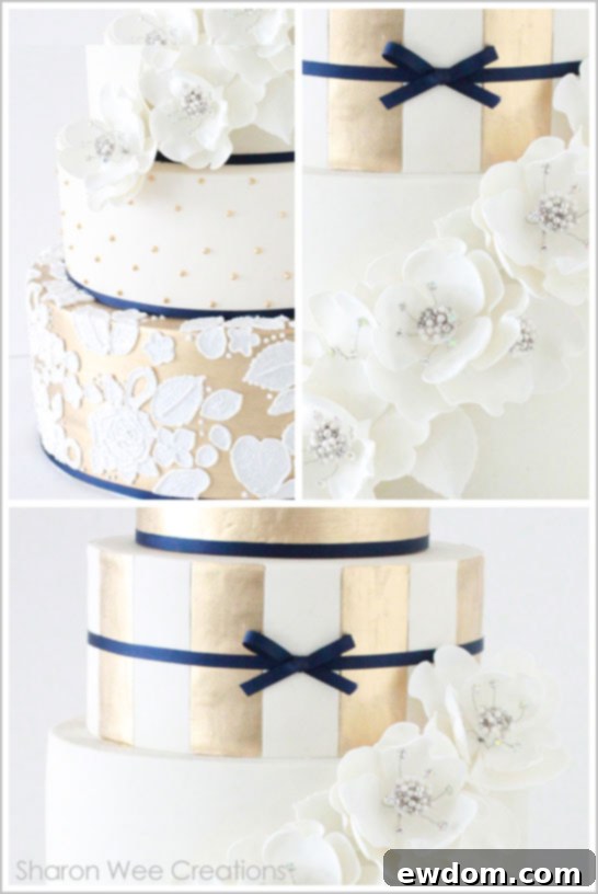 Sharon Wee Creations Gold & Navy Wedding Cake Elegant Gold & Navy Wedding Cake from Sharon Wee Creations highlighting the full design