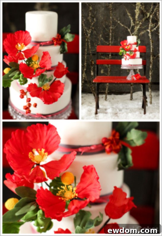 Snowy Winter Wedding Cakes Detail of Snowy Winter Wedding Cakes with Red Poppies