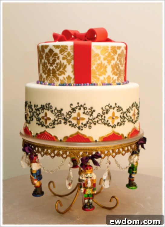 Golden Nutcracker Christmas Cake Luxurious Gold Damask Nutcracker Christmas Cake by The Pastry Studio