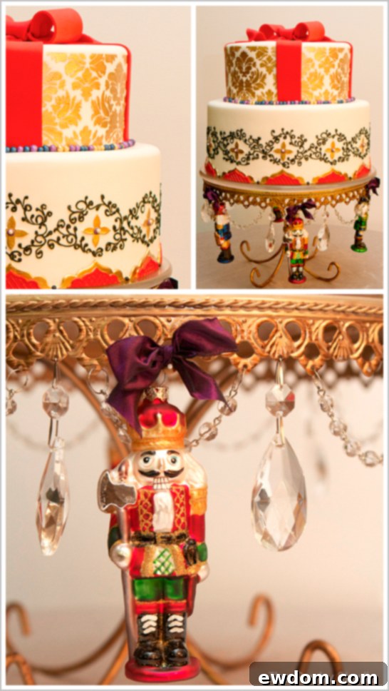 Golden Nutcracker Christmas Cake Intricate Gold Damask and Red Bow Nutcracker Holiday Cake