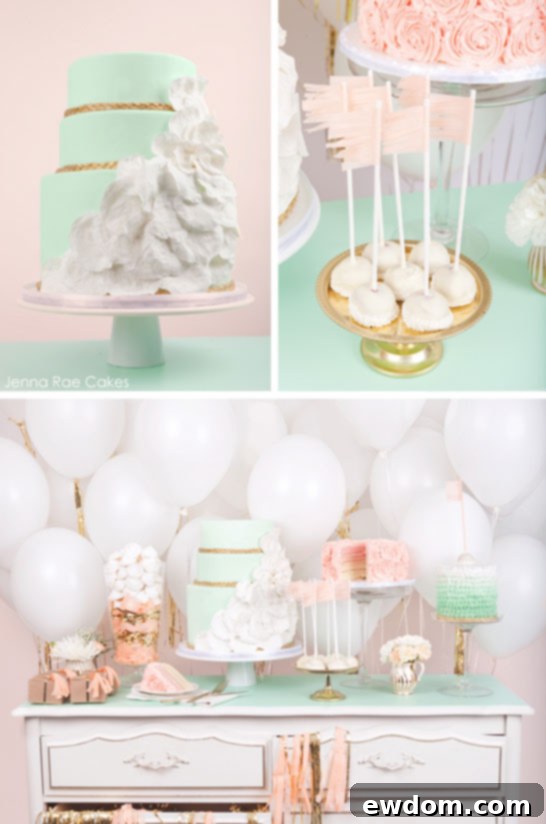 Romantic Peach and Mint Dessert Table by Jenna Rae Cakes for Weddings or Showers