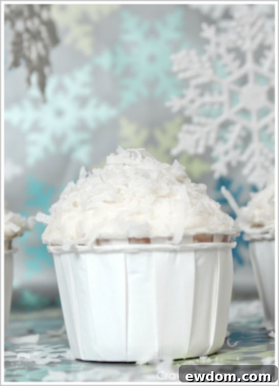 Close-up of Italian Cream Snowball Cupcakes with rich frosting