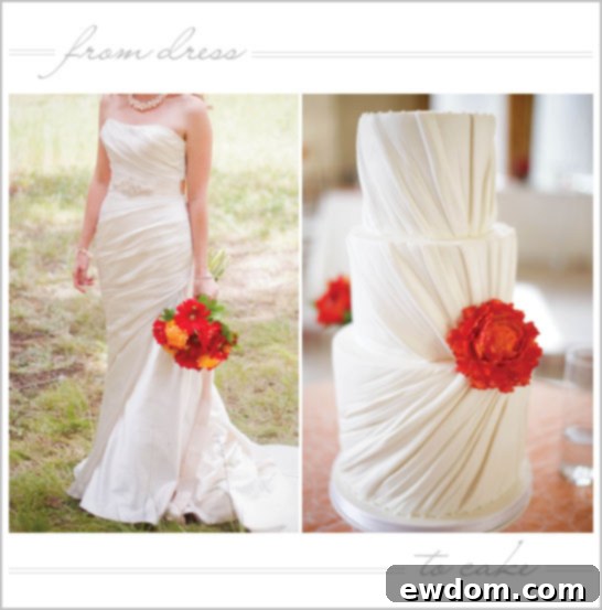 Bride in her Ruched Wedding Dress with Matching Elegant Cake